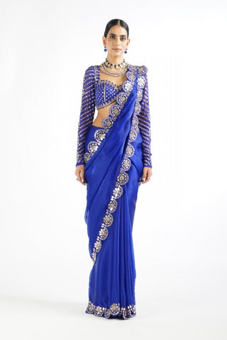 Royal Blue Mirror Work Blouse Saree Set