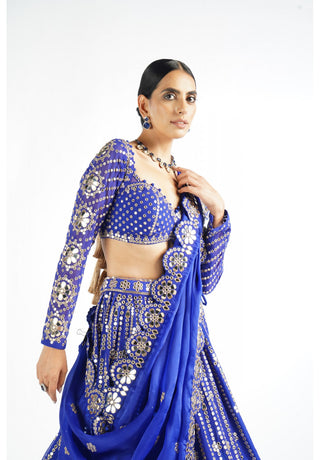 Royal Blue Small Flower Linear Lehenga Set