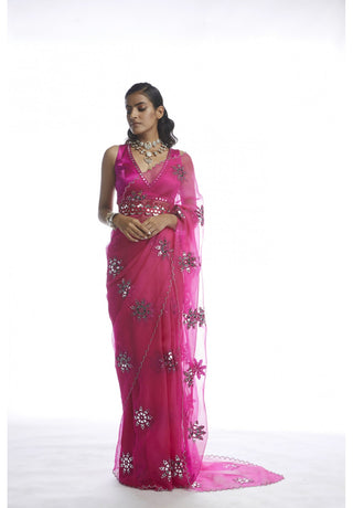 Peacock Pink Mirror Cut-Work Saree