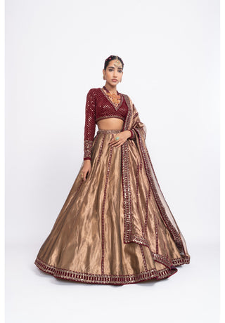 Mahroon And Copper Tissue Lehenga Set