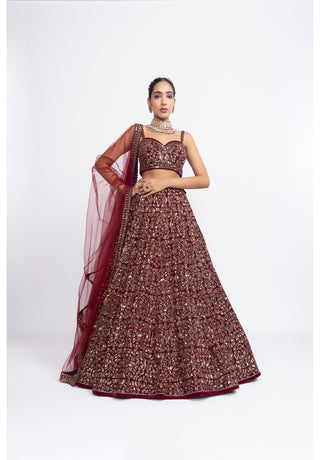 Mahroon Fully Embroidered Corset Lehenga Set