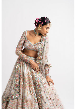 White Heavy Multi Geo Color Lehenga Set