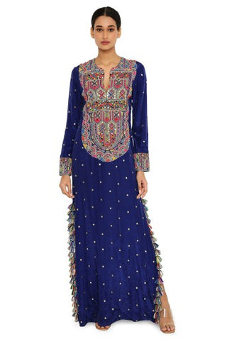 Adira Midnight Blue Colour Mukaish Silk Embroidered Kaftan