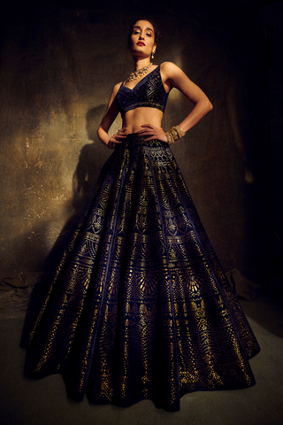 Navy Blue Velvet Lehenga Set