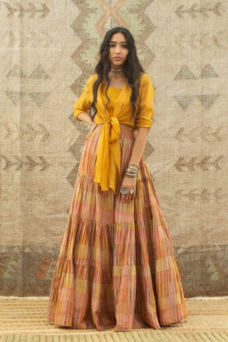 Mustard Lehenga & Organza Knotted Shirt