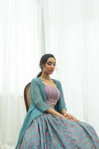 Blue Block Printed – Beadwork Lehenga