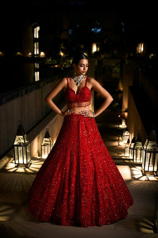 Red Sequin Lehenga Set