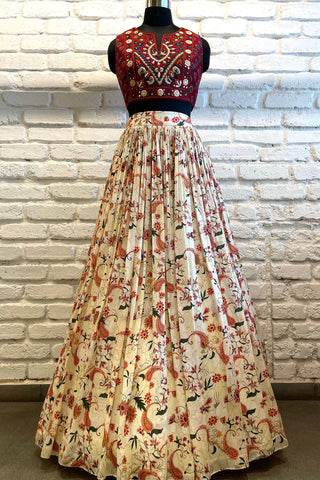 Off white & Red Floral Lehenga Set