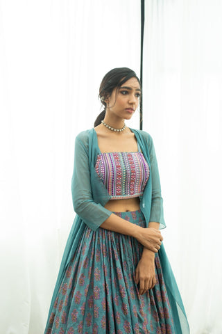 Blue Block Printed – Beadwork Lehenga