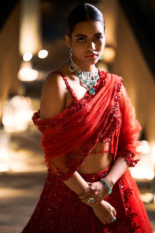 Red Sequin Lehenga Set