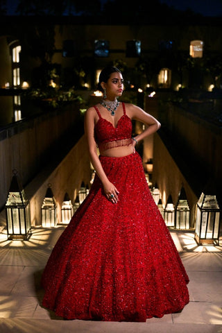 Red Sequin Lehenga Set