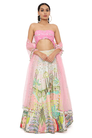 IVANA PINK KITE PRINT EMBROIDERED BUSTIER WITH TROPICAL PRINT EMBROIDERED LEHENGA AND MUKAISH NET DUPATTA