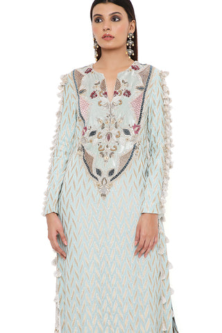 MIRAYA POWDER BLUE DASH IKAT BANARASI GEORGETTE KAFTAN WITH ORGANZA DETAILED SLEEVES