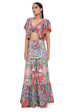 NOELLE RED ENCHANTED PRINT CREPE EMBROIDERED TOP WITH A FRILL SKIRT
