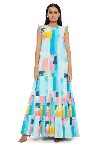 PAINTERLY PRINT CREPE FRILL DRESS