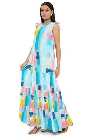 PAINTERLY PRINT CREPE FRILL DRESS