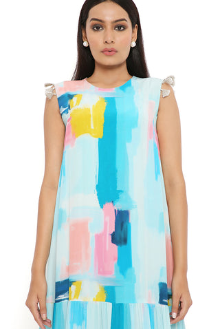 PAINTERLY PRINT CREPE FRILL DRESS