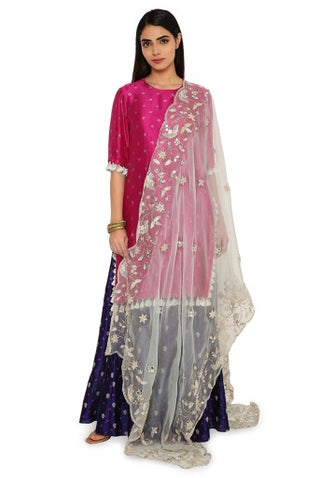 Seyah Pink Colour Bandhani Silk Kurta With Cobalt Blue Bandhani Silk Sharara And Powder Blue Embroidered Organza Dupatta