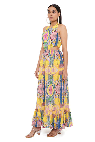 YELLOW ENCHANTED PRINT CREPE CUT-OUT DRESS