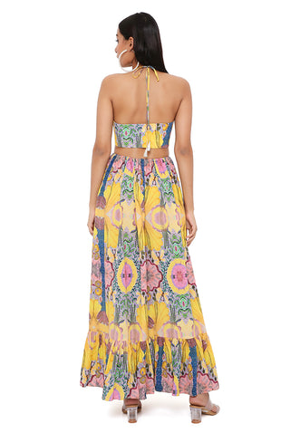 YELLOW ENCHANTED PRINT CREPE CUT-OUT DRESS