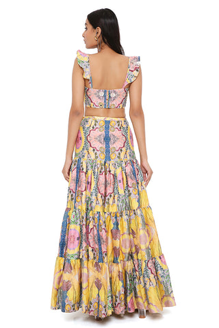 YELLOW ENCHANTED PRINT SILK EMBROIDERED BUSTIER WITH A SKIRT